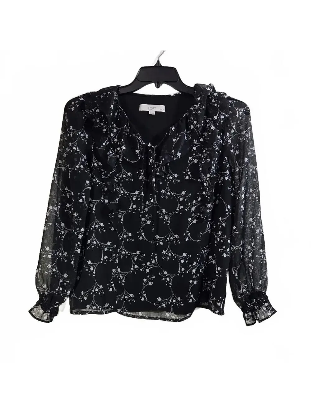 LOFT Black Sheer Ruffle Blouse with White Floral Pattern Size Small Petite